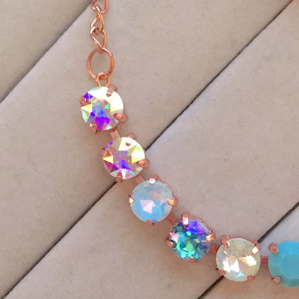 Iridescent Turquoise + Purple Opal Ombre Rose Gold Crystal Tennis Bracelet - Picture 4 of 10
